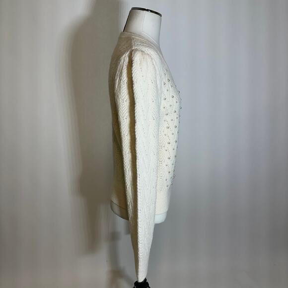 NWT Nanette Lepore Cream Pearl Bead Knit V-Neck Sweater Womens Large L Coquette - Picture 3 of 10